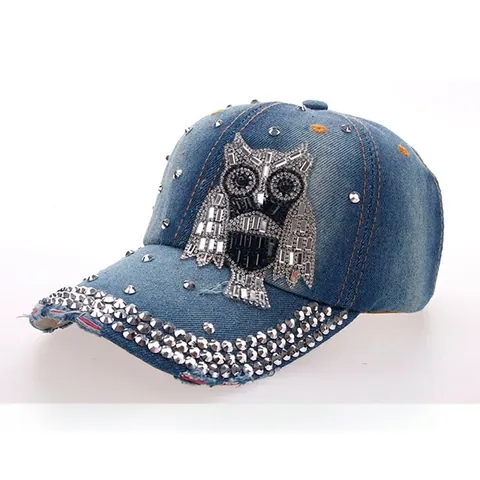 Gorra de Béisbol de Denim con Búho y Strass para Mujer Estilo Punk Desgastado Deshilachado con Tachuelas Sombrero de Mezcla Lavada