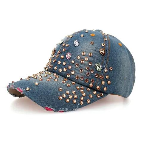 Berretto da Baseball in Denim con Strass di Lusso per Donna in Cotone Effetto Usato Regolabile Cappello da Sole alla Moda Cappello con Gioielli Luccicanti
