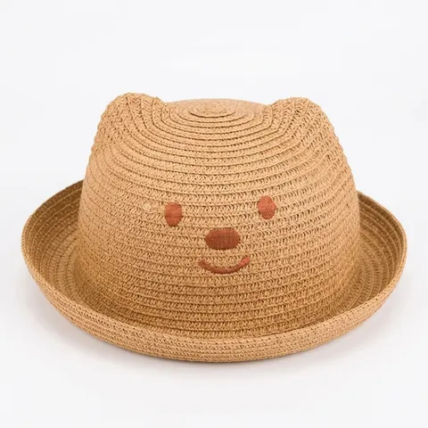 Sombrero de Sol de Paja de Papel para Niños Con Lindas Orejas de Oso y Bordado Sombrero de Cubo de Playa de Verano para Niños y Niñas