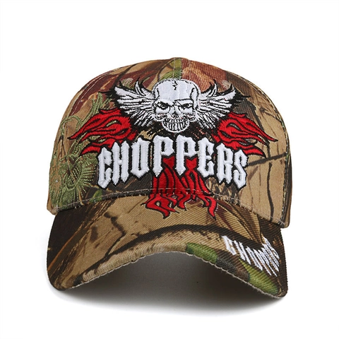 Cappellino da Baseball da Uomo con Ricamo Teschio Mimetico Choppers Biker Berretto da Sole Regolabile Streetwear Hip Hop