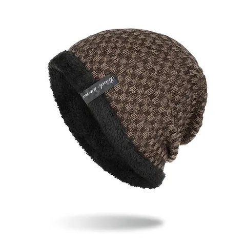 Men's Winter Knit Beanie Hat Thick Fleece Lined Warm Outdoor Skull Cap Checkered Pattern Casual Soft Warm Headwear For Cold Weather