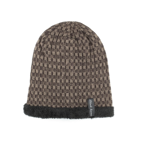 Men's Winter Knit Beanie Hat Thick Fleece Lined Warm Outdoor Skull Cap Checkered Pattern Casual Soft Warm Headwear For Cold Weather