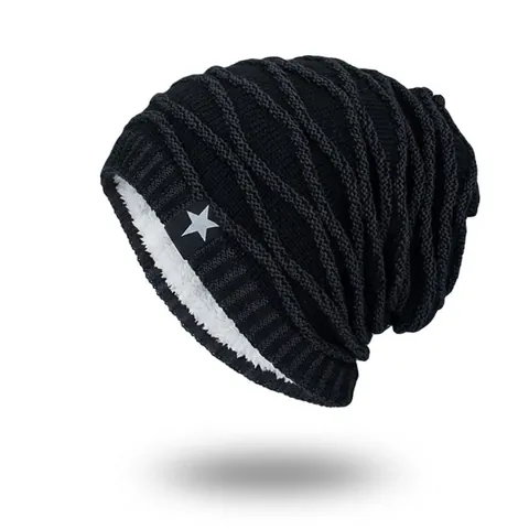 Gorro de Punto para Hombre Invierno Cálido con Forro de Felpa Patrón de Estrellas Hilo de Lana Gorro para Frío