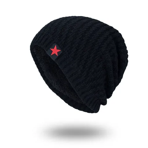 Berretto Invernale da Uomo in Maglia con Fodera in Pile Caldo Berretto Slouchy con Etichetta Stella Rossa Copricapo Casual