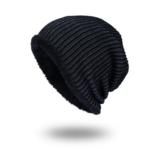 Men Winter Rib Knit Beanie Hat Thick Fleece Lined Striped Warm Skull Cap For Cold Weather Outdoor Sports Beanie