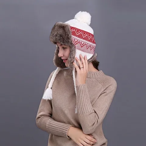 Women's Winter Knit Trapper Hat Faux Fur Lined Warm Earflap Beanie Cap With Pom Pom Tassels Geometric Folk Pattern Pilot Hat