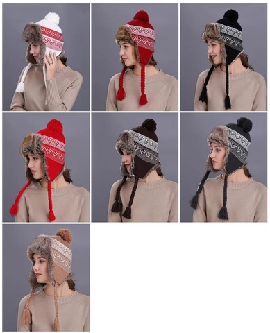 Women's Winter Knit Trapper Hat Faux Fur Lined Warm Earflap Beanie Cap With Pom Pom Tassels Geometric Folk Pattern Pilot Hat