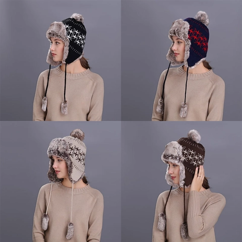 Colbacco Invernale da Donna Cappello in Maglia con Motivo a Fiocco di Neve Paraorecchie in Pelliccia Sintetica Caldo Cappello da Pilota