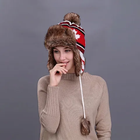 Women Winter Knitted Earflap Beanie Maple Leaf Pattern Faux Fur Lined Warm Trapper Hat With Pompoms Outdoor Cap
