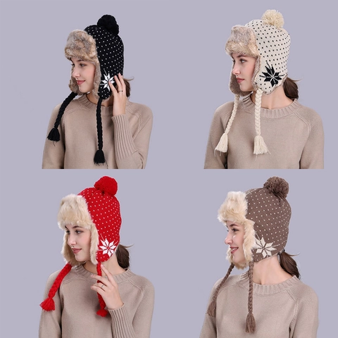 Cappello Trapper Invernale da Donna Maglia con Fiocco di Neve Colbacco Foderato in Ecopelliccia Berretto Caldo con Pompon