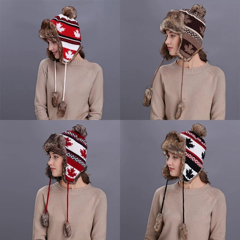Women Winter Knitted Earflap Beanie Maple Leaf Pattern Faux Fur Lined Warm Trapper Hat With Pompoms Outdoor Cap