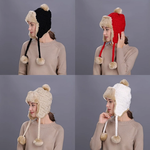 Colbacco Invernale da Donna in Maglia Foderato in Pelliccia Sintetica Berretto con Paraorecchie e Pompon per Esterno