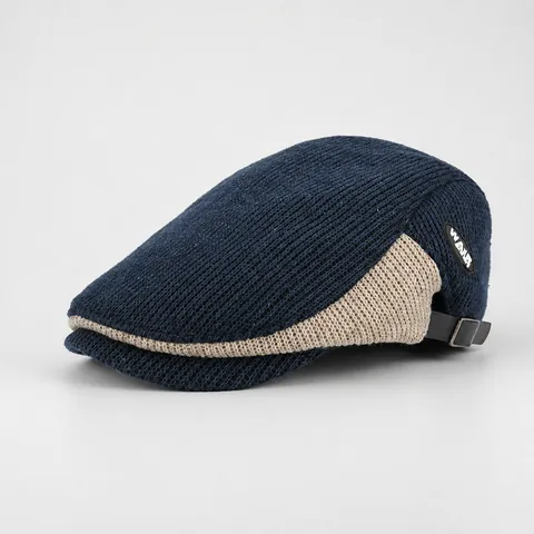 Men's Vintage Knit Flat Cap Contrast Color Patch Adjustable Ivy Cap Woolen Felt Beret Winter Warm Gatsby Driving Hat
