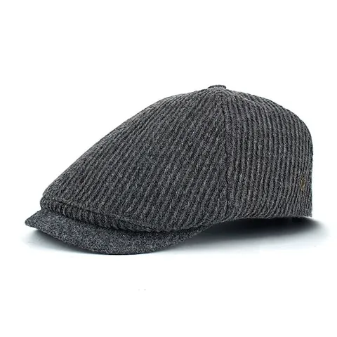 Vintage Heren Gestreepte Newsboy Pet Wollen Vilt Flatcap Met Metalen Badge Verstelbare Retro Baret Voor Herfst Winter