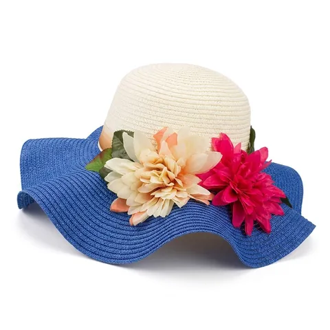 Sombrero de Sol de Paja de Ala Ancha para Mujer Con Decoración Floral Color de Contraste Tejido a Mano para Playa