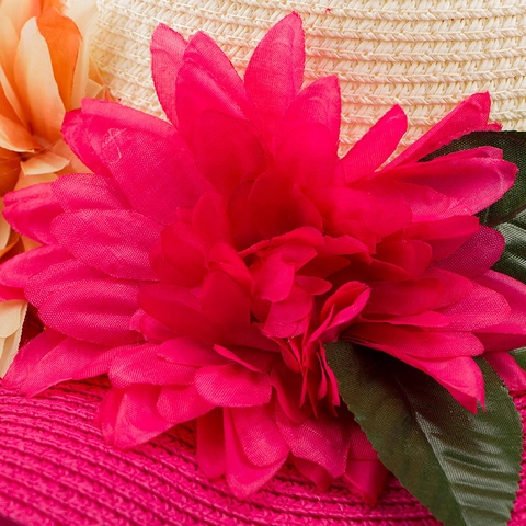Sombrero de Sol de Paja de Ala Ancha para Mujer Con Decoración Floral Color de Contraste Tejido a Mano para Playa