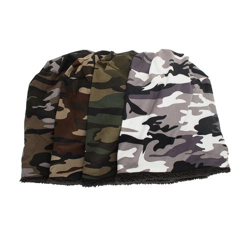 Bonnet Camouflage Doublé de Polaire Hiver Chaud Bonnet en Tricot Slouchy Pour Protection Contre le Froid Unisexe