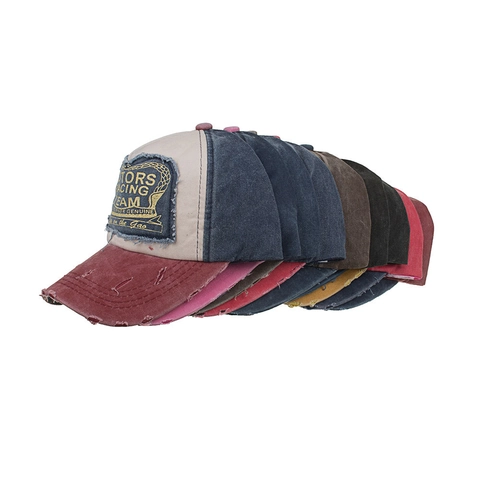 Vintage Distressed Color Block Patchwork Baseball Cap Motors Racing Team Embroidered Cotton Sun Hat For Men Women