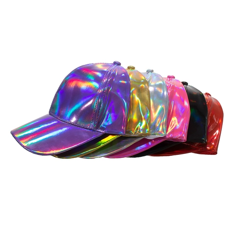 Berretto da Baseball Laser Olografico in Pelle PU Metallizzato Cappello da Sole Lucido Regolabile Unisex Streetwear Outdoor Festa