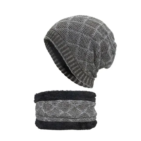 Berretto in Maglia Invernale E Sciarpa Per Uomo Donna Foderato In Pile Caldo Cappello Scaldacollo Motivo Diamante Jacquard