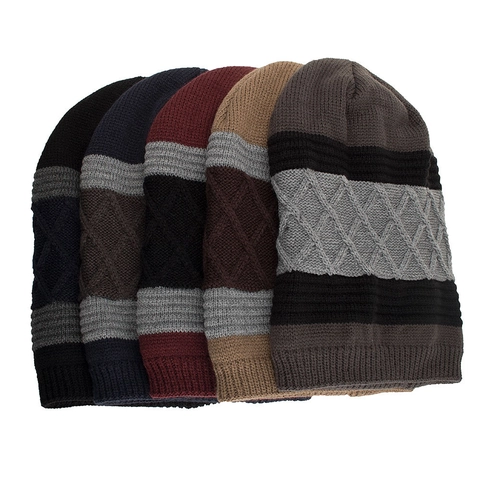 Bonnet en Tricot Chaud d'Hiver Unisexe Doublé Polaire Motif Rhombique Géométrique Rayé Bonnet pour Hommes Femmes Extérieur