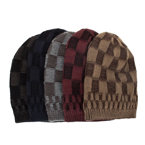 Bonnet D'hiver Unisexe En Tricot À Carreaux Pour Hommes Femmes Doublé Polaire Thermique Doux Chaud Bonnet Jacquard