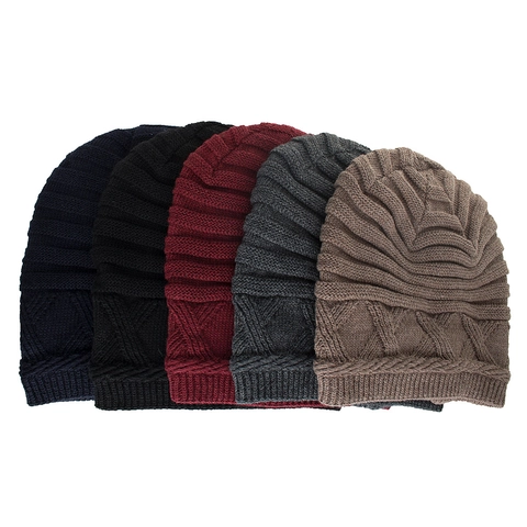 Unisex Winter Fleece Lined Knitted Beanie Hat Warm Striped Geometric Pullover Cap Outdoor Thermal Skull Hat For Men Women