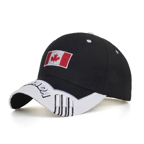 Casquette de Baseball avec Broderie Drapeau du Canada Polyester Réglable Noir Blanc Couleur Contrastée Chapeau de Soleil Mixte