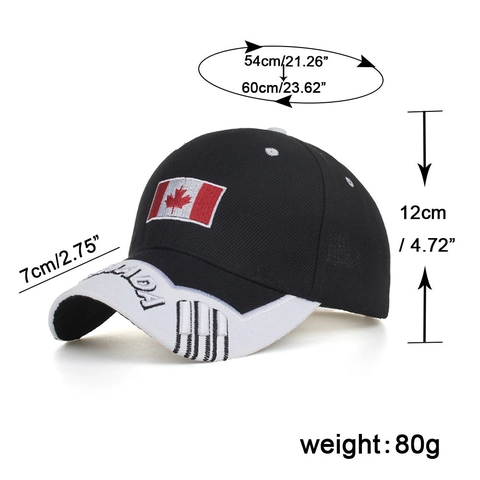 Casquette de Baseball avec Broderie Drapeau du Canada Polyester Réglable Noir Blanc Couleur Contrastée Chapeau de Soleil Mixte