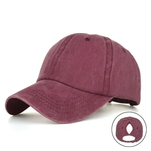Casquette de Baseball Femme en Coton Lavé Vintage Avec Trou de Queue de Cheval Ajustable Chapeau de Soleil Sportif