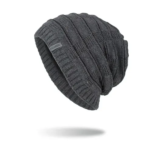 Men Winter Warm Knitted Beanie Hat Fleece Lined Thick Lattice Pattern Skull Cap With Fashion Label Outdoor Casual Headwear