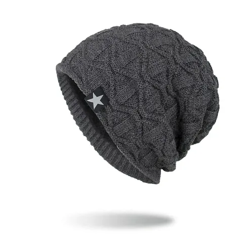 Winter Warm Knitted Beanie Hat For Men Women Thick Fleece Lined Skull Cap Star Label Geometric Wave Texture Soft Toque