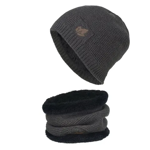 Winter Warm Knit Beanie Hat And Neck Warmer Set For Men Women Thick Fleece Lined Leaf Patch Acrylic Thermal Skull Cap