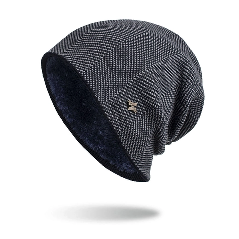 Winter Beanie Hat For Men Women Thick Fleece Lined Warm Knit Cap Herringbone Pattern Outdoor Casual Skull Cap With Metal Label