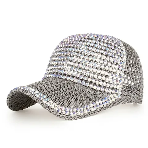 Women Fashion Rhinestone Baseball Cap Sparkling Bling Mesh Breathable Adjustable Polyester Sun Hat Summer Outdoor Party Hat