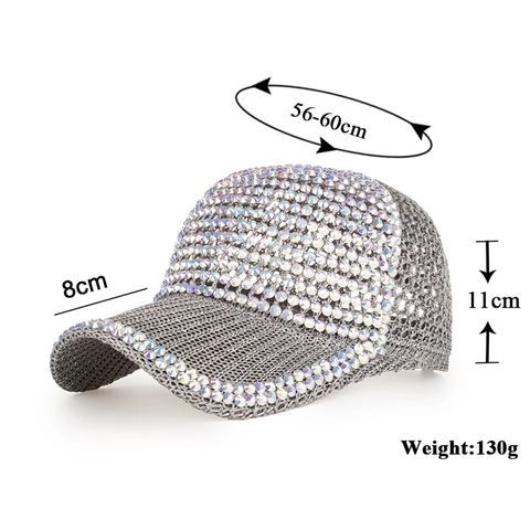 Women Fashion Rhinestone Baseball Cap Sparkling Bling Mesh Breathable Adjustable Polyester Sun Hat Summer Outdoor Party Hat