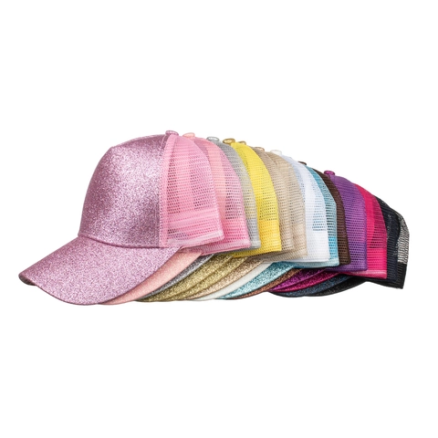 Casquette de Baseball Queue de Cheval Pailletée pour Femmes Criss Cross Messy Bun Dos en Filet Casquette Trucker Réglable Mode