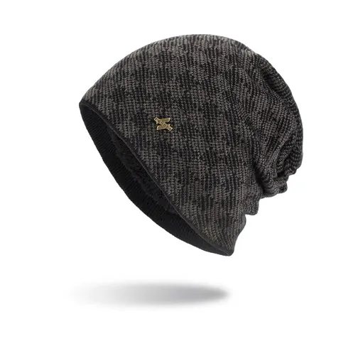 Gorro de Punto Jacquard Cálido Con Forro Polar Patrón de Cuadros Decoración de Etiqueta de Metal Gorro de Invierno Para Hombre Mujer