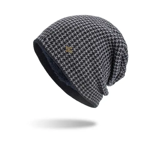 Houndstooth Knit Beanie For Women Men Winter Warm Fleece Lined Skull Cap With Metal Badge Jacquard Outdoor Cold Weather Hat