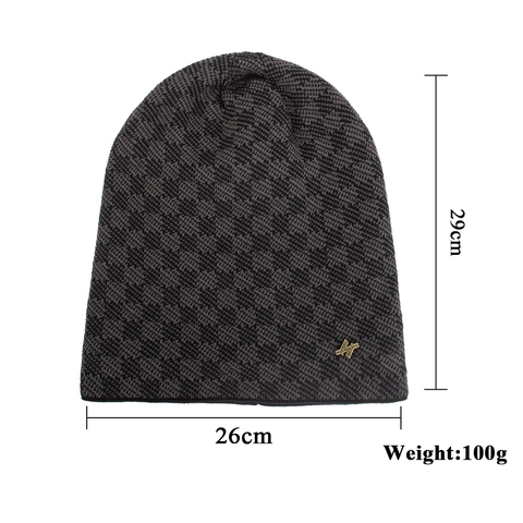 Gorro de Punto Jacquard Cálido Con Forro Polar Patrón de Cuadros Decoración de Etiqueta de Metal Gorro de Invierno Para Hombre Mujer