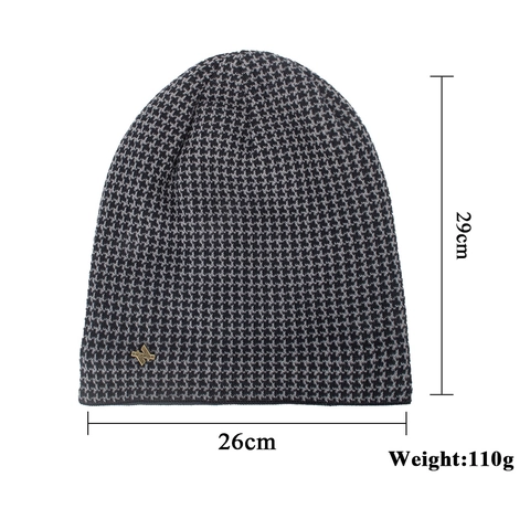 Houndstooth Knit Beanie For Women Men Winter Warm Fleece Lined Skull Cap With Metal Badge Jacquard Outdoor Cold Weather Hat