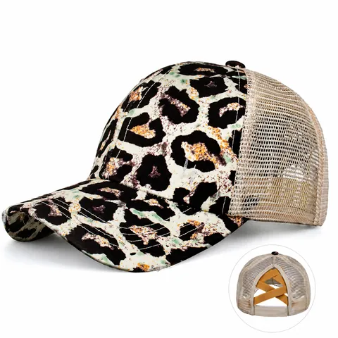 Women Distressed Ponytail Baseball Cap Criss Cross High Bun Mesh Trucker Hat Washed Cotton Breathable Outdoor Casual Sun Hat