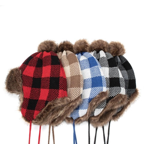 Women Winter Knit Trapper Hat Buffalo Plaid Faux Fur Lined Ear Flap Beanie With Pom Poms Warm Outdoor Pilot Hat