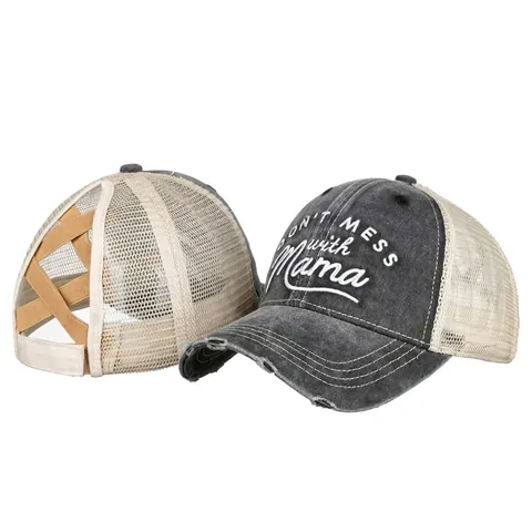 Damen Distressed Gewaschene Baumwolle Mesh Trucker Hat Stickerei Pferdeschwanz Criss Cross Baseballkappe Mess With Mama Sonnenhut