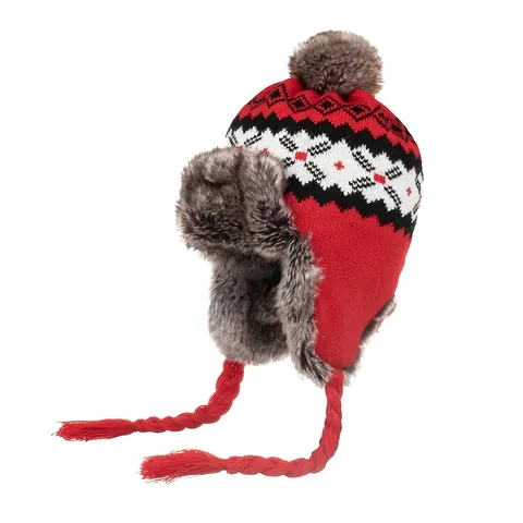 Nordic Pattern Knit Ushanka Hat For Women Winter Warm Faux Fur Lining Earflap Beanie Hat With Pom Pom And Tassels