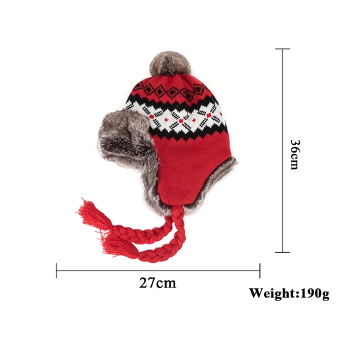 Nordic Pattern Knit Ushanka Hat For Women Winter Warm Faux Fur Lining Earflap Beanie Hat With Pom Pom And Tassels
