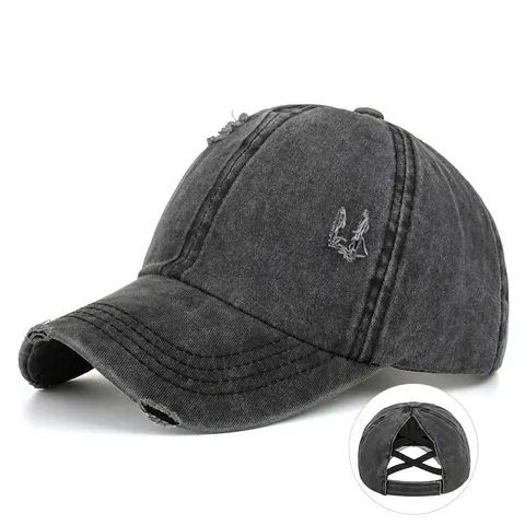 Gorra de Béisbol Lavada y Desgastada Con Agujero para Coleta Banda Elástica Cruzada Vintage Sombrero de Sol Para Mujeres Hombres