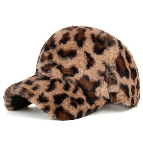 Gorra de Béisbol de Invierno Cálida con Estampado de Leopardo para Mujer Pelo Sintético Felpa Gorra Ajustable Versátil Moda Sol