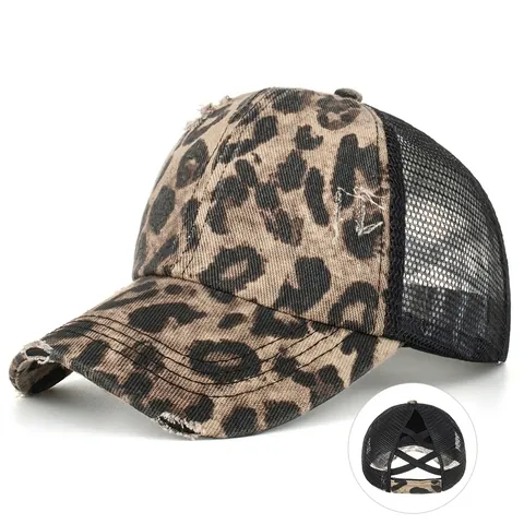 Berretto da Baseball Leopardato da Donna con Foro per Coda di Cavallo Mesh Distressed Regolabile Cappello Trucker