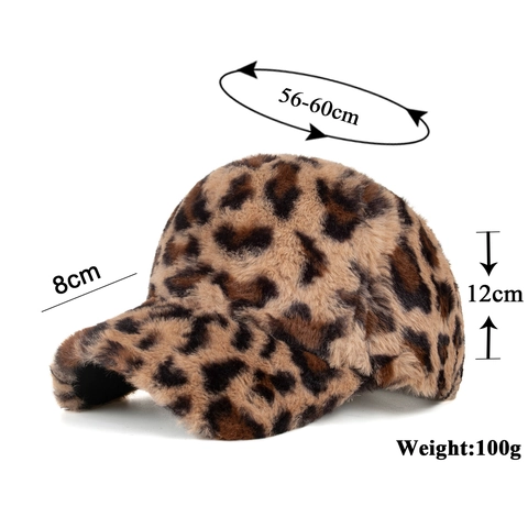 Gorra de Béisbol de Invierno Cálida con Estampado de Leopardo para Mujer Pelo Sintético Felpa Gorra Ajustable Versátil Moda Sol